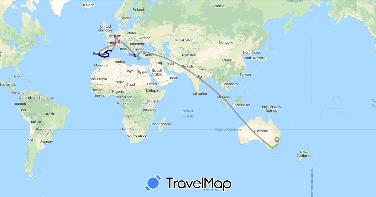 TravelMap itinerary: driving, plane, train, boat in Australia, Switzerland, Spain, France, Greece, Liechtenstein, Luxembourg, Portugal, Singapore, Turkey (Asia, Europe, Oceania)